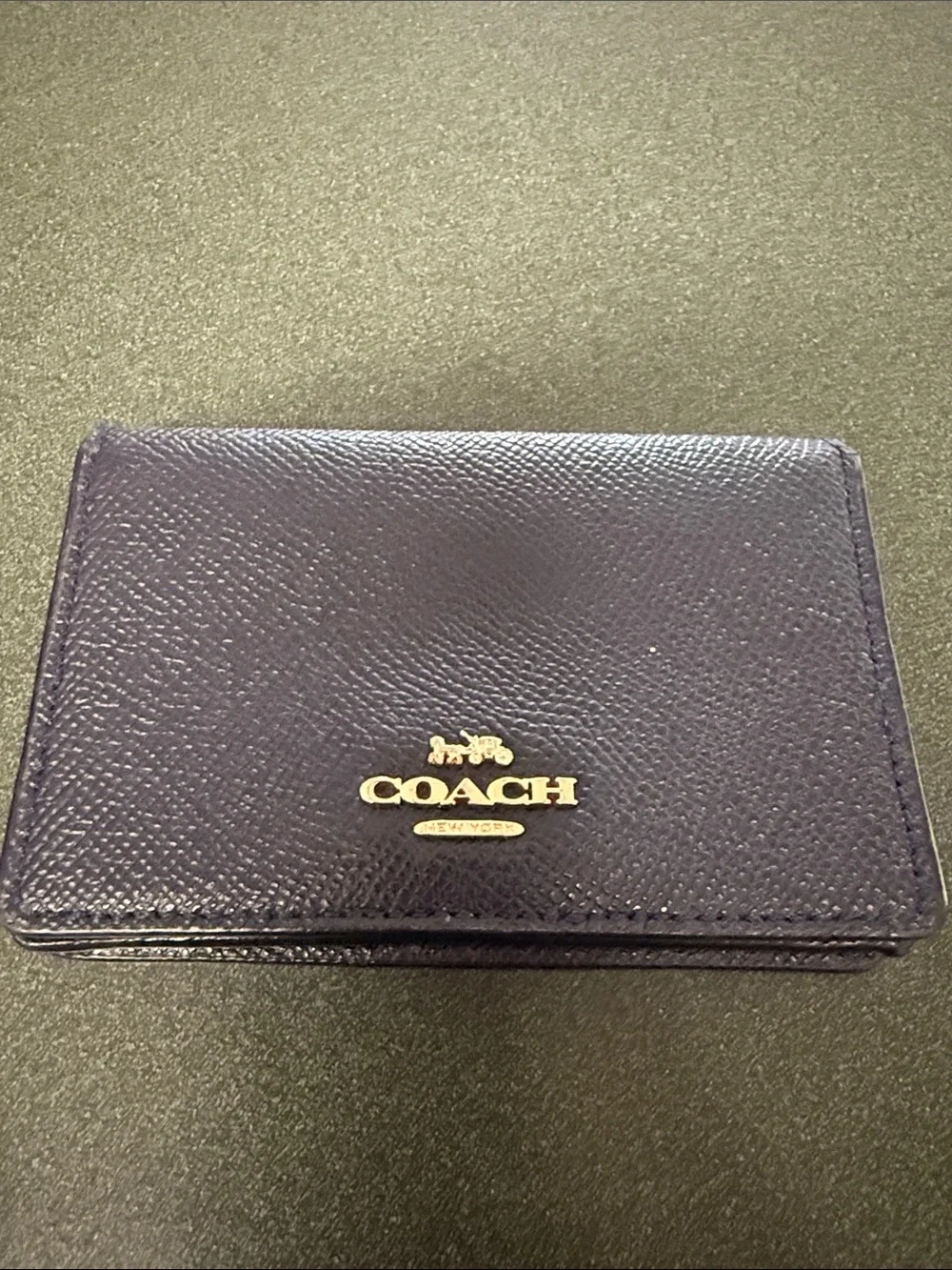 Coach Navy Leather Card Holder with Gold Logo